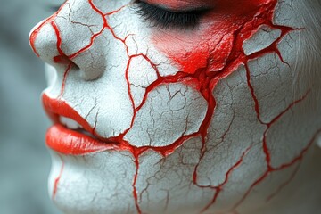 Poster - A striking display of Halloween makeup artistry features a model with cracked white skin adorned with vibrant red accents, showcasing a unique aesthetic