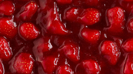 Wall Mural - a close-up, top-down view of strawberry jam spread across the entire frame, filling the image with its rich red color and glossy texture