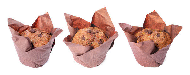 Poster - Yummy muffins with chocolate chips isolated on white, set