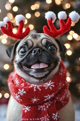 Sticker - A cheerful pug sports red reindeer antlers and a cozy scarf, posing happily in front of a beautifully adorned Christmas tree with twinkling lights