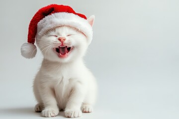 Wall Mural - A playful white kitten with a bright smile is wearing a festive Santa hat. The adorable little cat adds a cheerful touch to the holiday atmosphere