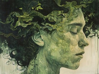 Wall Mural - Surreal Portrait of a Woman with Green Leaves