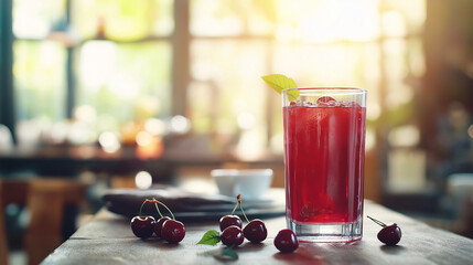 Wall Mural - a cozy cafã©-style arrangement of freshly poured tart cherry juice in a casual glass, showcasing its vibrant red color