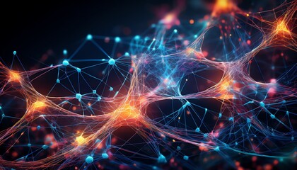 Poster - A vibrant, abstract representation of interconnected nodes and pathways resembling a digital network or neural connections illuminated with blue and orange lights.