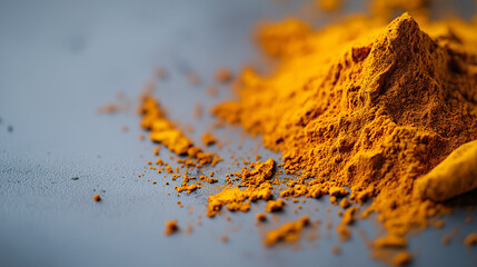 turmeric powder with bright golden-yellow hues, lightly scattered on a white background