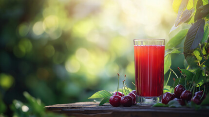 Wall Mural - a stunning arrangement of freshly poured tart cherry juice in a glass, capturing its vibrant, deep red color