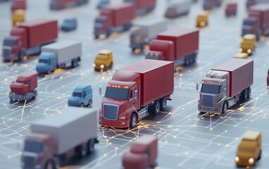 Poster - Aerial view of miniature trucks navigating a digital network, illustrating transportation and logistics in a modern context.