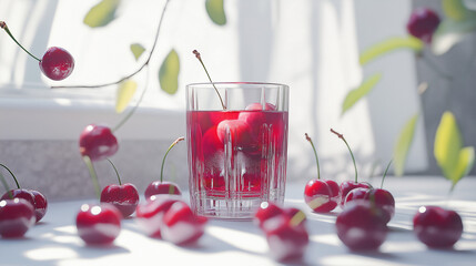 Wall Mural - visually striking arrangement of freshly poured tart cherry juice in a glass, showcasing its vibrant, deep red color that reflects the essence of ripe cherries