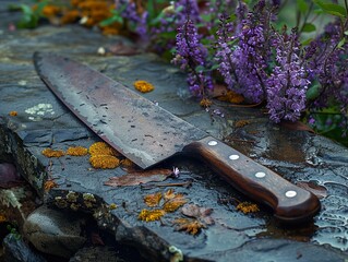 Canvas Print - Vintage Knife on Wet Stone with Purple Flowers