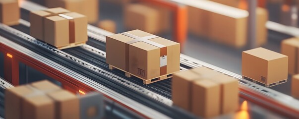 Poster - A detailed view of packages moving on a conveyor belt in a modern warehouse, illustrating logistics and supply chain efficiency.