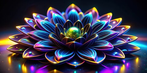 Abstract render of a surreal alien flower in black rubber material with neon glowing yellow, blue, and purple accents, surreal