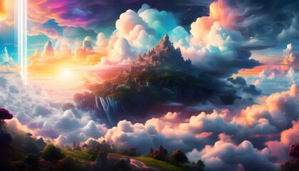 Wall Mural - Vibrant neon cloudscape illuminated by striking light rays in a surreal atmosphere