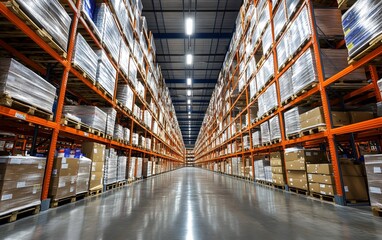 Poster - A vast, organized warehouse interior filled with stacked pallets, showcasing efficient storage and inventory management.
