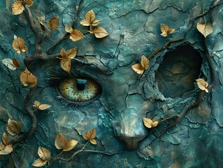 Wall Mural - Surreal Eye with Golden Leaves: A Dreamlike Abstract Painting