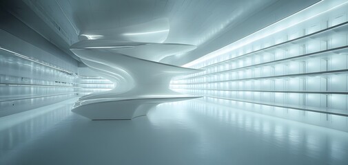 Poster - Futuristic interior design showcasing sleek lines and ambient lighting in a minimalist space.