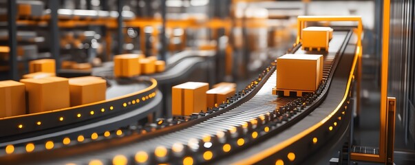 Poster - A modern warehouse with an automated conveyor system, showcasing boxes being sorted and transported efficiently.