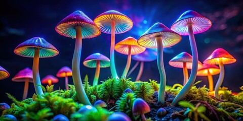 Vibrant mushroom plants glowing in neon colors against the night sky, mushrooms, neon, plants, night, glowing, vibrant