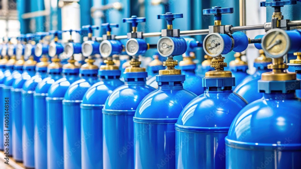 Blue oxygen tanks with high pressure gauges and valves for industrial ...