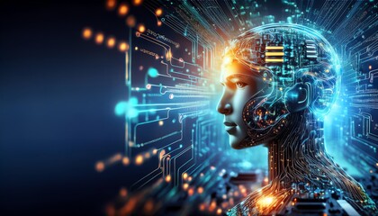 Wall Mural - A futuristic, digital representation of a human head with glowing circuitry and data streams, symbolizing artificial intelligence and technology.