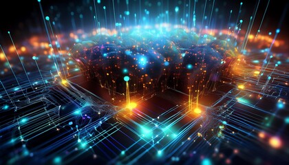 Poster - An abstract visualization of a vibrant, interconnected digital network with glowing nodes and lines, representing data flow and technology.