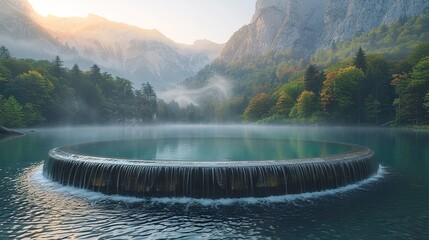 Wall Mural - Serene Mountain Lake with Foggy Sunrise