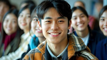 Poster - A young man wearing a plaid jacket beams with a bright smile, sitting among a diverse group of students in a vibrant classroom environment during the day.