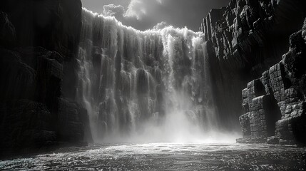 Poster - Majestic Waterfall in Black and White: A Dramatic Landscape