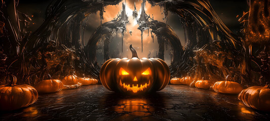 Wall Mural - Halloween in sci-fi gothic style, a dark fantasy realm, orange pumpkins, evil creatures, modern surrealistic ambience, futuristic mysterious atmosphere. Unique background for invitation card, banner.
