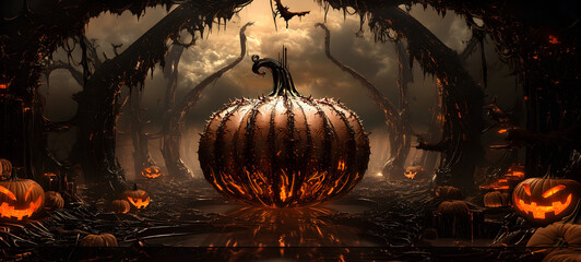 Wall Mural - Halloween in sci-fi gothic style, a dark fantasy realm, orange pumpkins, evil creatures, modern surrealistic ambience, futuristic mysterious atmosphere. Unique background for invitation card, banner.
