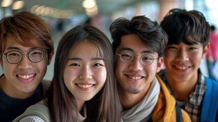 Poster - A group of four friends stands close together, smiling brightly while enjoying their time in a contemporary urban environment filled with warm lighting.