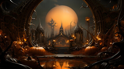 Wall Mural - Halloween in sci-fi gothic style, a dark fantasy realm, orange pumpkins, evil creatures, modern surrealistic ambience, futuristic mysterious atmosphere. Unique background for invitation card, banner.
