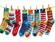 © kittipon - Vibrant illustrated socks in various colors and patterns, suspended in mid-air by tiny clips, against a clean white background, perfect for fashion and laundry themes.
