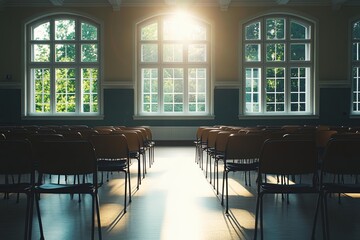 Poster - Sunlight streaming through windows highlights empty chairs in a tranquil classroom reflecting natural beauty at midday. Generative AI