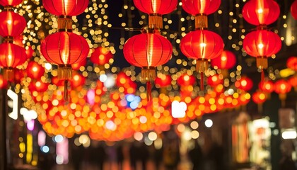 Wall Mural - Vibrant red lanterns light up the night, fostering a warm, festive atmosphere rich in cultural essence