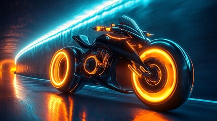 Wall Mural - Futuristic motorcycle with glowing wheels driving through a neon tunnel.