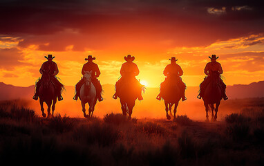 Cowboy Silhouettes Galloping Across the Desert