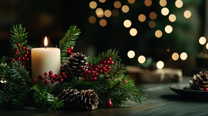 Wall Mural - festive holiday centerpiece with candle and pinecones