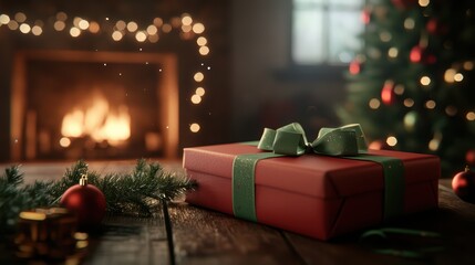 Wall Mural - cozy christmas scene with gift box by the fireplace