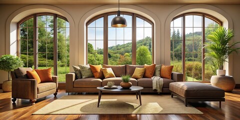 An elegant living room featuring a cozy corner sofa adorned with brown pillows, a stylish pouf, a chic coffee table, and a stunning arch window.