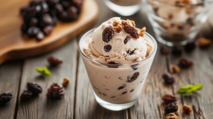 Ice cream decorated with raisin grains