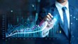 © Pastel - A businessman analyzes digital financial data and trends, emphasizing growth with futuristic graphs and charts.