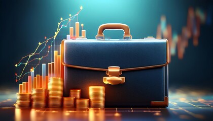 Wall Mural - A briefcase surrounded by stacks of coins and a graph, representing finance, investment growth, and wealth management in a digital context.