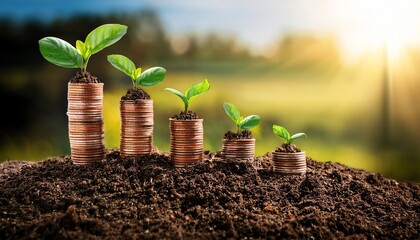 Wall Mural - A vibrant depiction of seedlings growing from stacks of coins, symbolizing financial growth, investment, and sustainability in a natural setting.