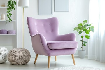 Poster - Stylish purple armchair in modern living room with cozy decor and natural light highlighting indoor plants. Generative AI