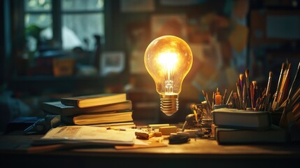 Poster - Glowing Light Bulb Above Creative Workspace