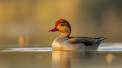 Poster - Red-crested Duck Floating on a Golden Lake