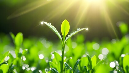 Wall Mural - Vibrant green sprout breaking through the soil, adorned with morning dew, embodying the essence of growth and renewal in nature