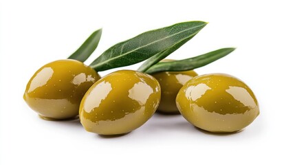 Canvas Print - Green Olives with Olive Branch on White Background