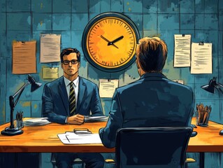 Poster - Cartoon illustration A man in a suit standing in a room with a laptop and other people