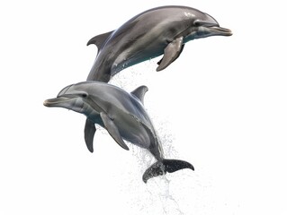 Two playful dolphins leaping out of the water Isolated On White Background